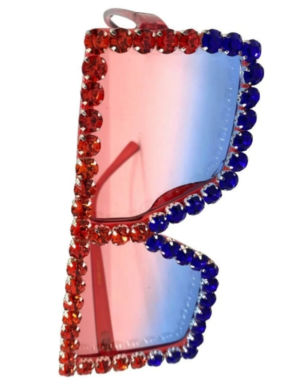 Unisex Crystal Embellished Red & Blue Oversized Square Sunglasses